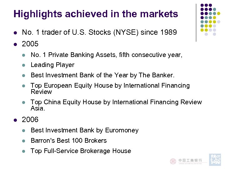 Highlights achieved in the markets l No. 1 trader of U. S. Stocks (NYSE)