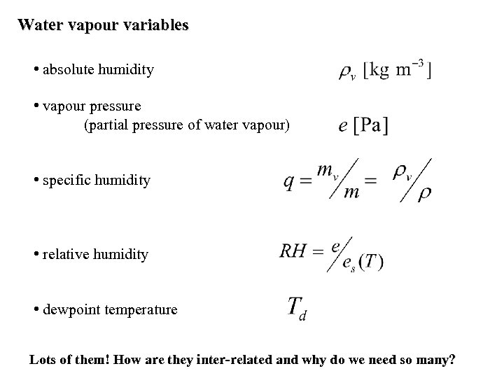 Water vapour variables • absolute humidity • vapour pressure (partial pressure of water vapour)