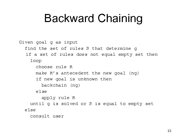 Backward Chaining Given goal g as input find the set of rules S that