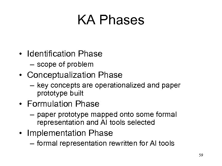 KA Phases • Identification Phase – scope of problem • Conceptualization Phase – key