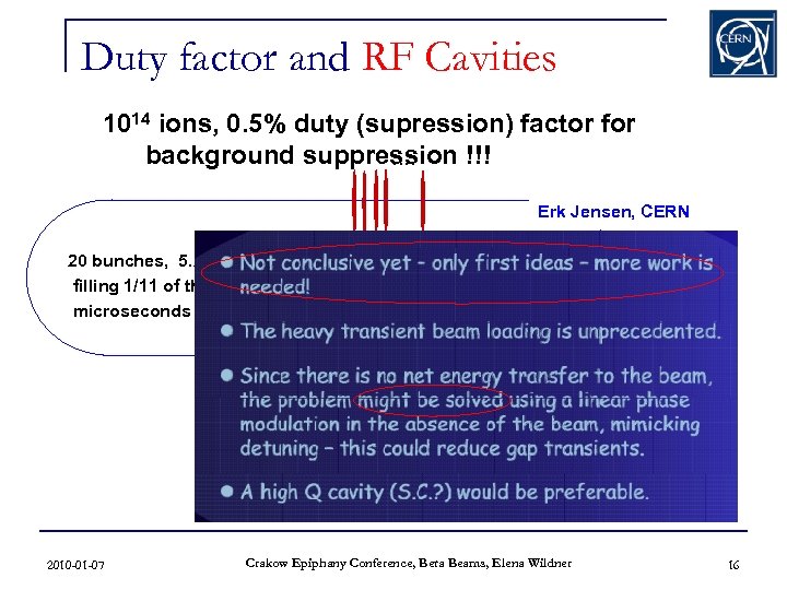 Duty factor and RF Cavities 1014 ions, 0. 5% duty (supression) factor for background