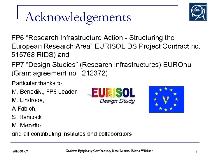 Acknowledgements FP 6 “Research Infrastructure Action - Structuring the European Research Area” EURISOL DS