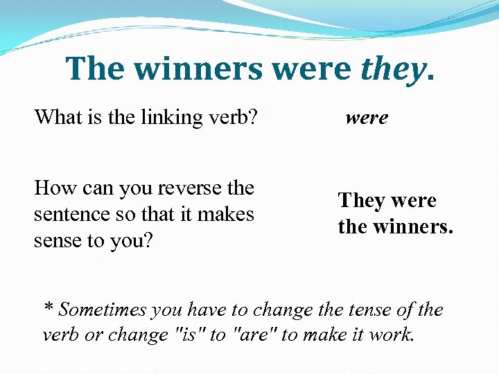 The winners were they. What is the linking verb? How can you reverse the