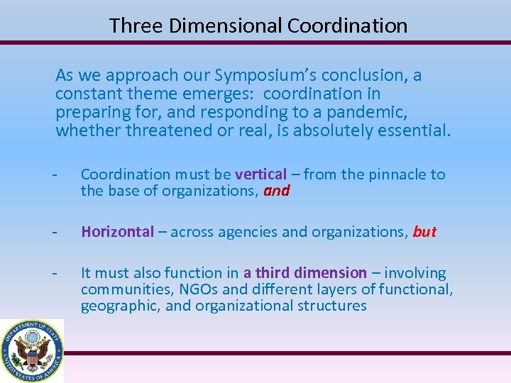 Three Dimensional Coordination As we approach our Symposium’s conclusion, a constant theme emerges: coordination