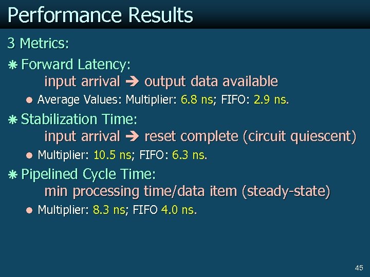 Performance Results 3 Metrics: ã Forward Latency: input arrival output data available l Average