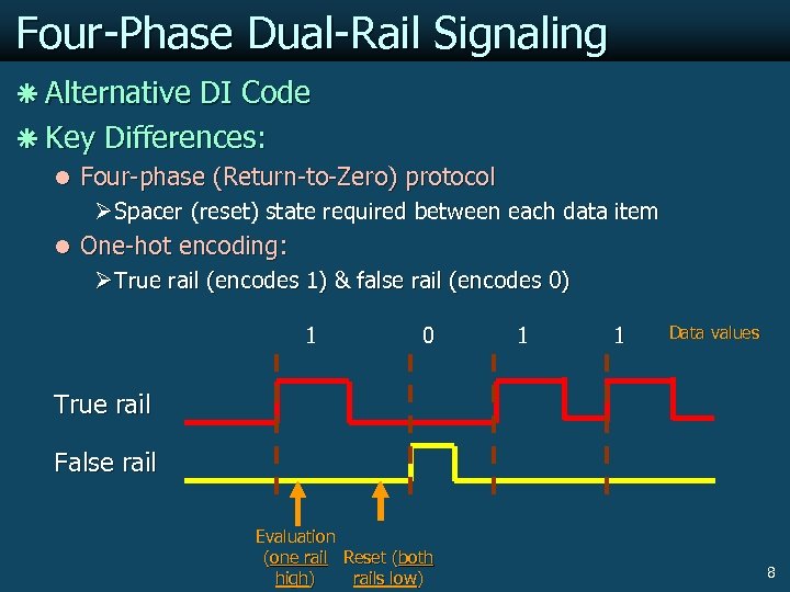 Four-Phase Dual-Rail Signaling ã Alternative DI Code ã Key Differences: l Four-phase (Return-to-Zero) protocol