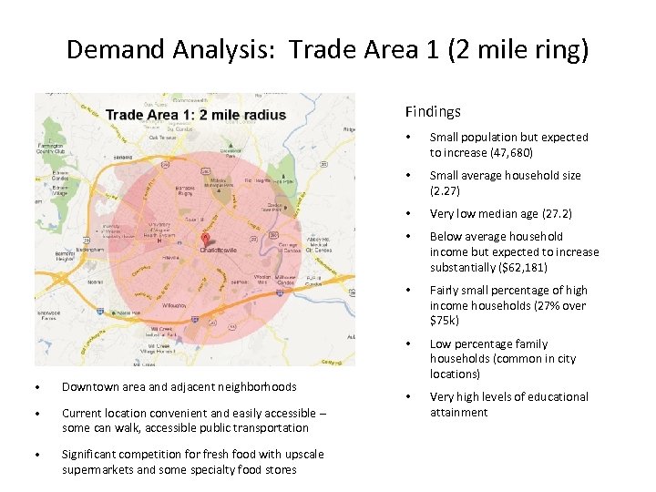 Demand Analysis: Trade Area 1 (2 mile ring) Findings • • • Significant competition