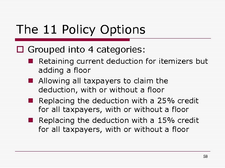 The 11 Policy Options o Grouped into 4 categories: n Retaining current deduction for