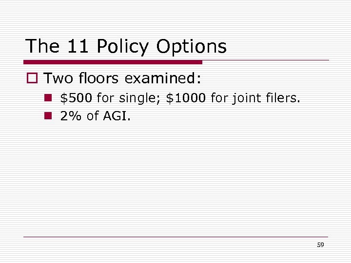 The 11 Policy Options o Two floors examined: n $500 for single; $1000 for