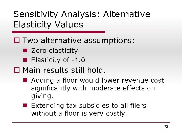Sensitivity Analysis: Alternative Elasticity Values o Two alternative assumptions: n Zero elasticity n Elasticity