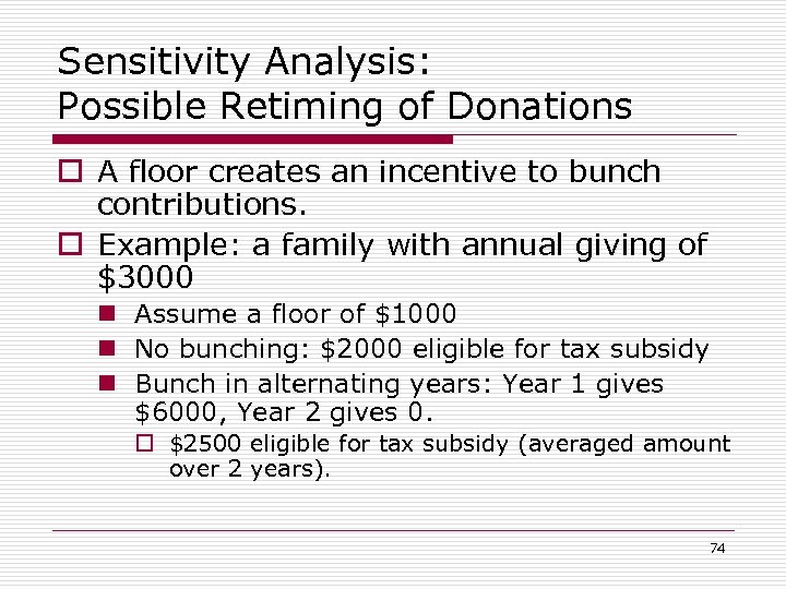 Sensitivity Analysis: Possible Retiming of Donations o A floor creates an incentive to bunch