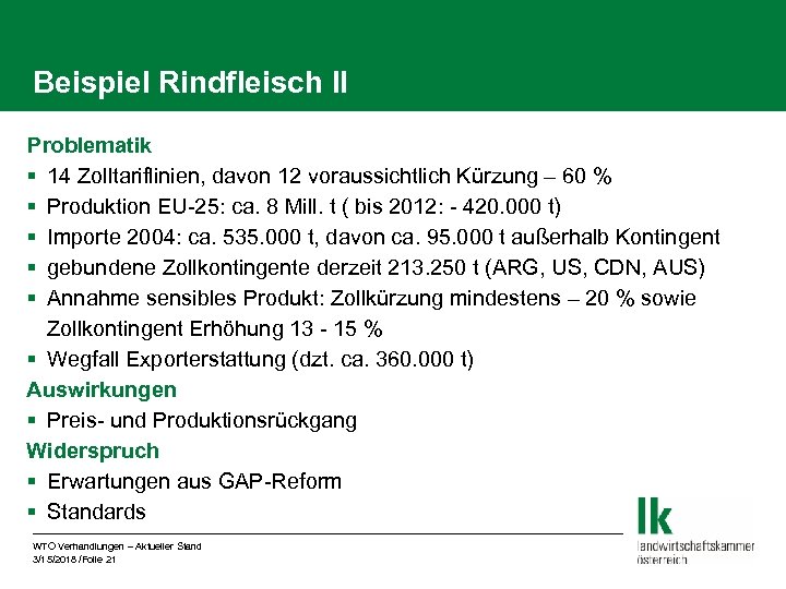 Beispiel Rindfleisch II Problematik § 14 Zolltariflinien, davon 12 voraussichtlich Kürzung – 60 %