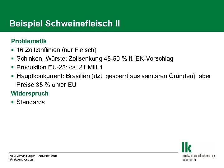 Beispiel Schweinefleisch II Problematik § 16 Zolltariflinien (nur Fleisch) § Schinken, Würste: Zollsenkung 45