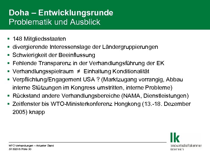 Doha – Entwicklungsrunde Problematik und Ausblick § § § 148 Mitgliedsstaaten divergierende Interessenslage der