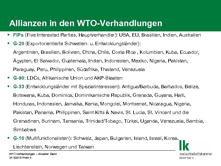 Allianzen in den WTO-Verhandlungen § FIPs (Five Interested Parties, Hauptverhandler): USA, EU, Brasilien, Indien,