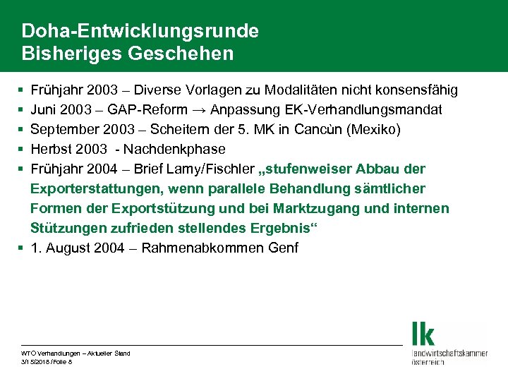 Doha-Entwicklungsrunde Bisheriges Geschehen § § § Frühjahr 2003 – Diverse Vorlagen zu Modalitäten nicht