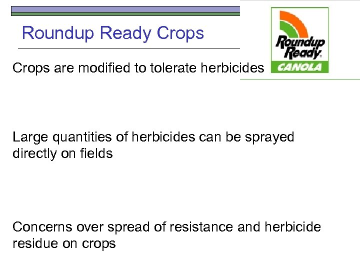 Roundup Ready Crops are modified to tolerate herbicides Large quantities of herbicides can be