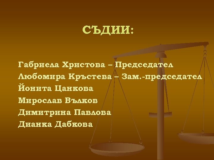 СЪДИИ: Габриела Христова – Председател Любомира Кръстева – Зам. -председател Йонита Цанкова Мирослав Вълков