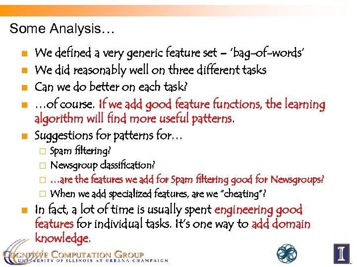 Some Analysis… n n n We defined a very generic feature set – ‘bag-of-words’