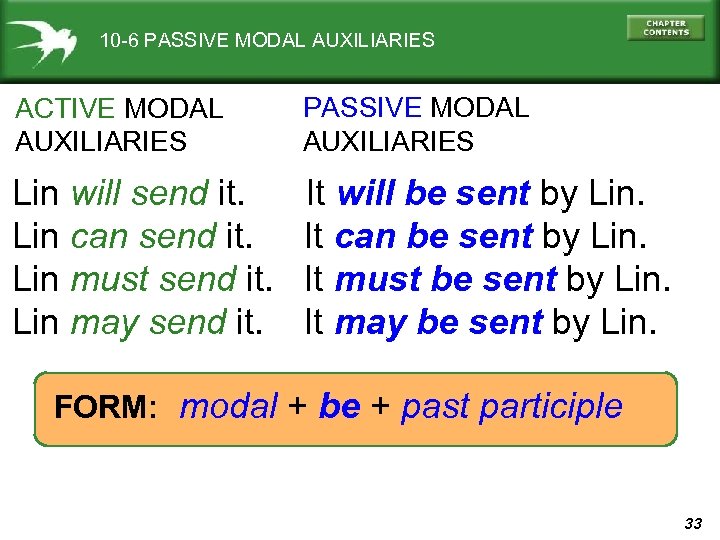 10 -6 PASSIVE MODAL AUXILIARIES ACTIVE MODAL AUXILIARIES PASSIVE MODAL AUXILIARIES Lin will send