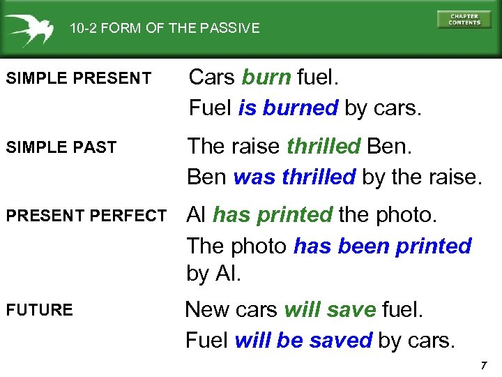 10 -2 FORM OF THE PASSIVE SIMPLE PRESENT Cars burn fuel. Fuel is burned