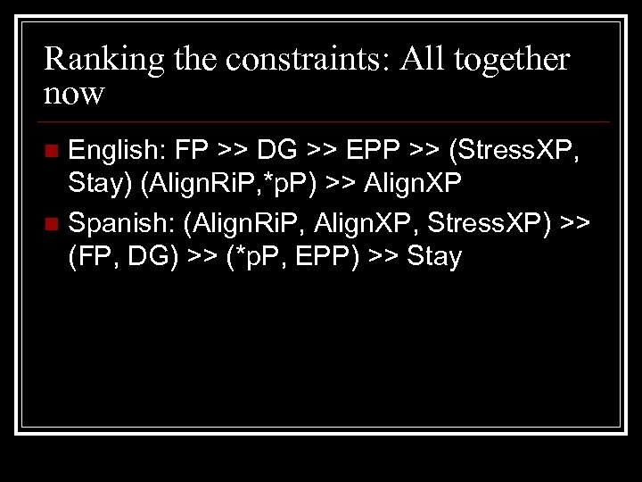 Ranking the constraints: All together now English: FP >> DG >> EPP >> (Stress.