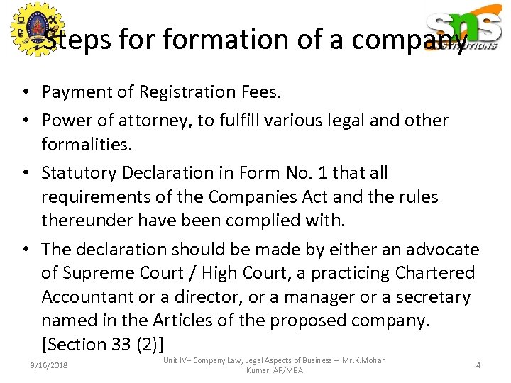 Formation Of Company 3 16 2018 Unit Iv Company Law