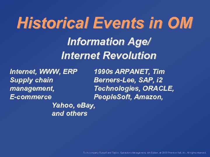 Historical Events in OM Information Age/ Internet Revolution Internet, WWW, ERP 1990 s ARPANET,