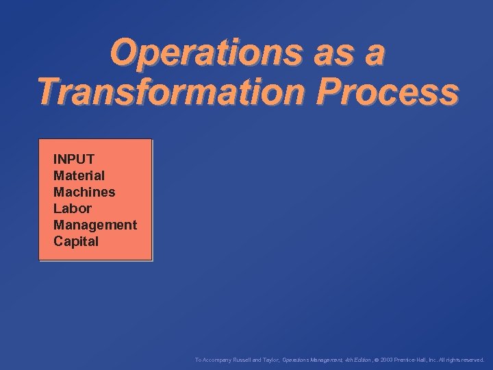 Operations as a Transformation Process INPUT Material Machines Labor Management Capital To Accompany Russell