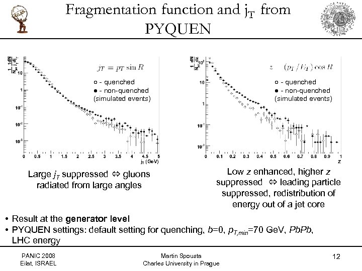 Fragmentation function and j. T from PYQUEN ○ - quenched ● - non-quenched (simulated