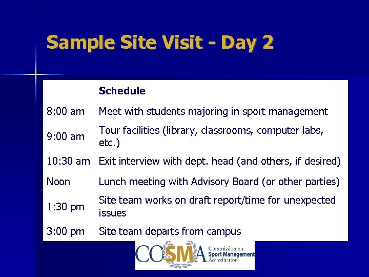 Sample Site Visit - Day 2 Schedule 8: 00 am Meet with students majoring