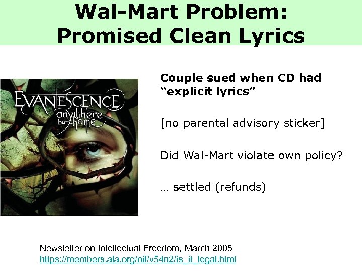 Wal-Mart Problem: Promised Clean Lyrics Couple sued when CD had “explicit lyrics” [no parental