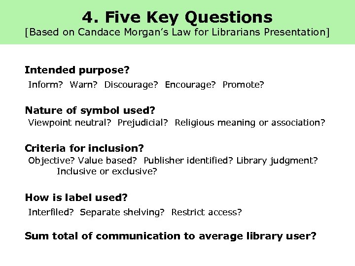 4. Five Key Questions [Based on Candace Morgan’s Law for Librarians Presentation] Intended purpose?