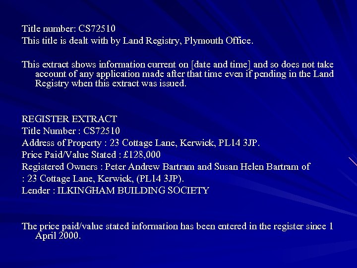 Title number: CS 72510 This title is dealt with by Land Registry, Plymouth Office.