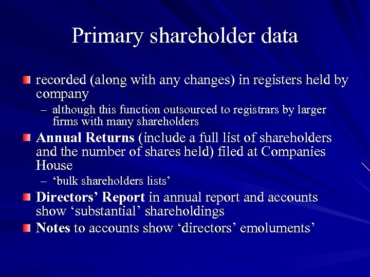 Primary shareholder data recorded (along with any changes) in registers held by company –