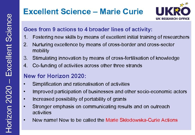 Horizon 2020 – Excellent Science – Marie Curie Goes from 9 actions to 4