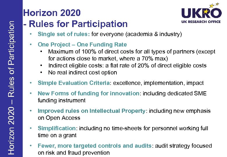 Horizon 2020 – Rules of Participation Horizon 2020 - Rules for Participation • Single