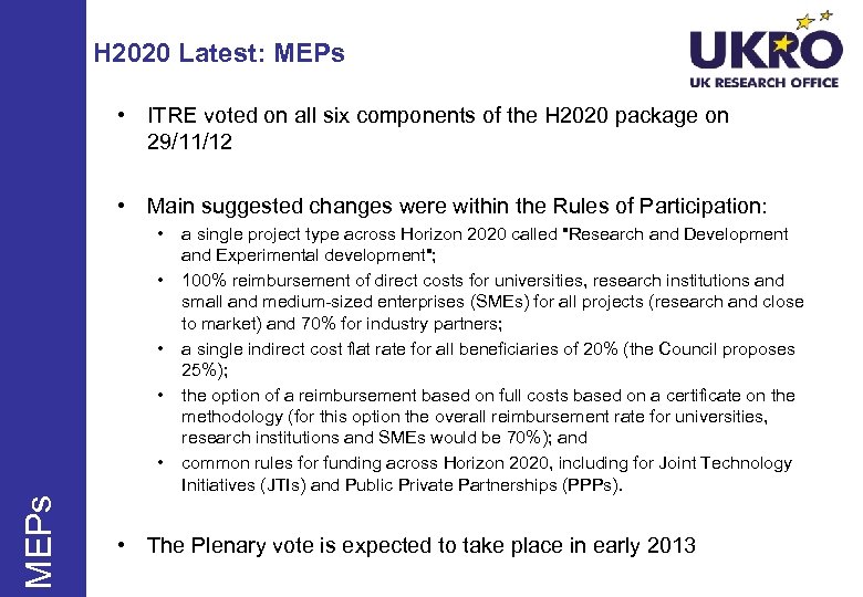 H 2020 Latest: MEPs • ITRE voted on all six components of the H