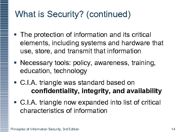 What is Security? (continued) The protection of information and its critical elements, including systems