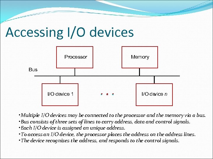 Accessing I/O devices Processor Memory Bus I/O device 1 I/O de vice n •