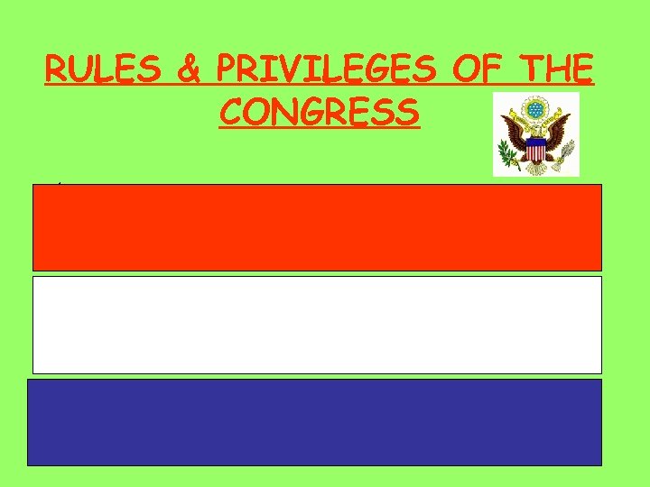 RULES & PRIVILEGES OF THE CONGRESS üMembers may not be arrested going to or