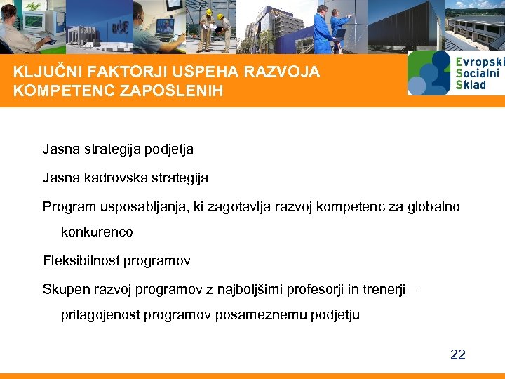 KLJUČNI FAKTORJI USPEHA RAZVOJA KOMPETENC ZAPOSLENIH Jasna strategija podjetja Jasna kadrovska strategija Program usposabljanja,
