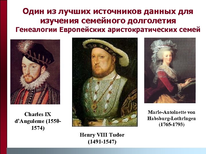 Один из лучших источников данных для изучения семейного долголетия Генеалогии Европейских аристократических семей Marie-Antoinette