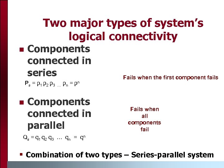 Two major types of system’s logical connectivity Components connected in series P s =