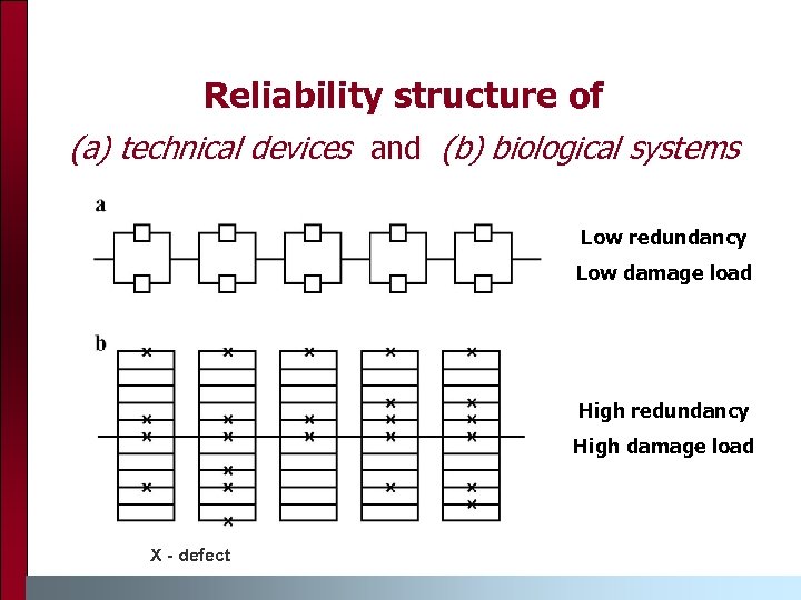 Reliability structure of (a) technical devices and (b) biological systems Low redundancy Low damage