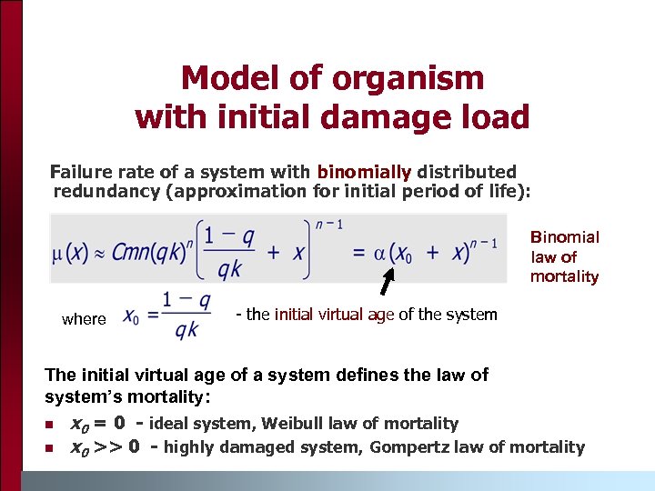 Model of organism with initial damage load Failure rate of a system with binomially