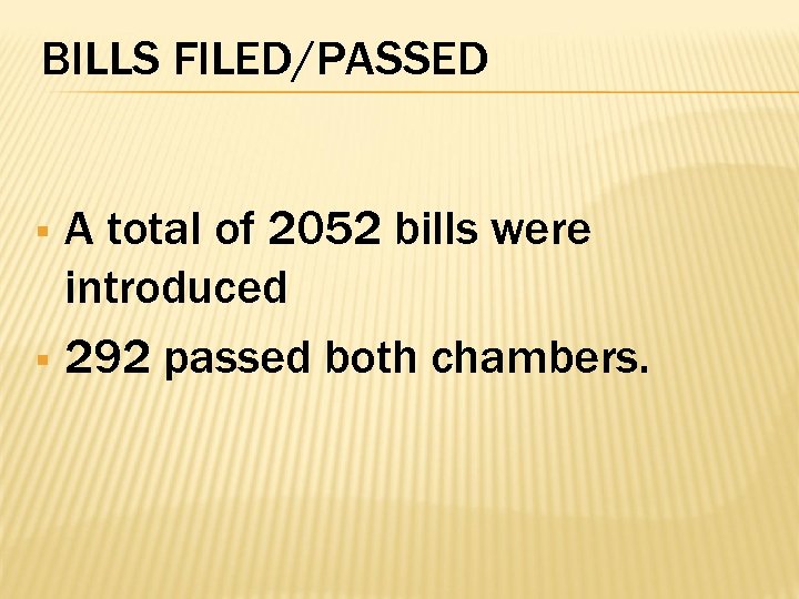BILLS FILED/PASSED A total of 2052 bills were introduced § 292 passed both chambers.