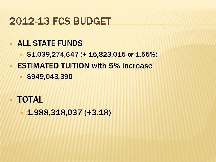 2012 -13 FCS BUDGET § ALL STATE FUNDS § § ESTIMATED TUITION with 5%