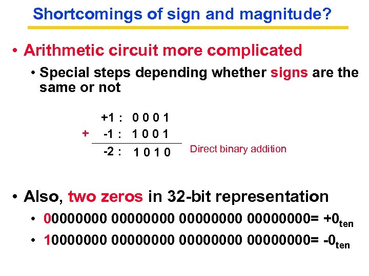 Shortcomings of sign and magnitude? • Arithmetic circuit more complicated • Special steps depending