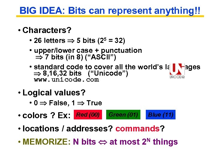 BIG IDEA: Bits can represent anything!! • Characters? • 26 letters 5 bits (25